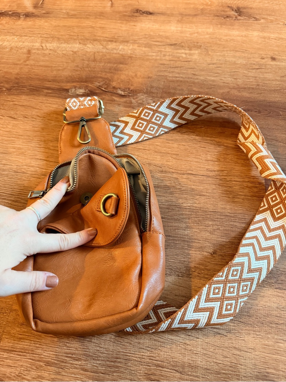 Target Brown Leather Crossbody Bag with Patterned Strap